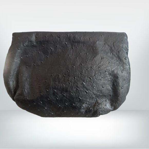 Black Leather Medium Clutch , Ostrich stamped with Artist Brass Buckle - Picture 2 of 4